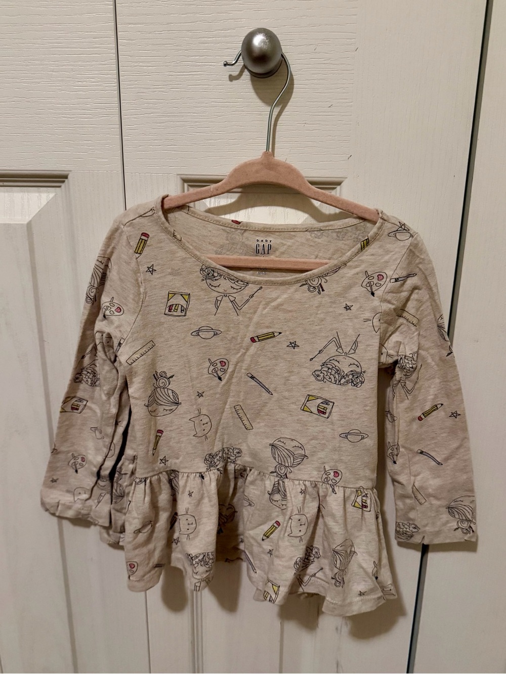 GAP Beige Peplum Long Sleeve Top with School Print